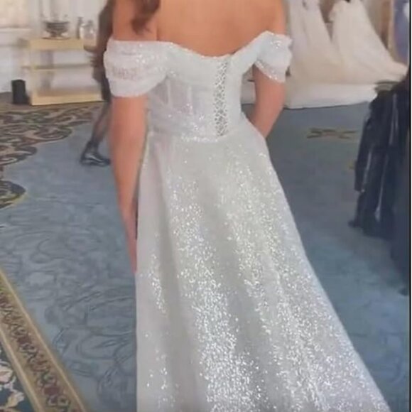 Champaign Gold Shoulder Sparkly Mermaid Wedding Dress with Detachable Train - Picture 3 of 3